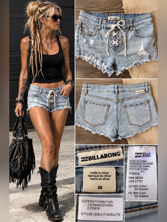 Billabong Pants - Billabong Lace Up Distressed Denim Cutoff Shorts Size 26 Light Wash